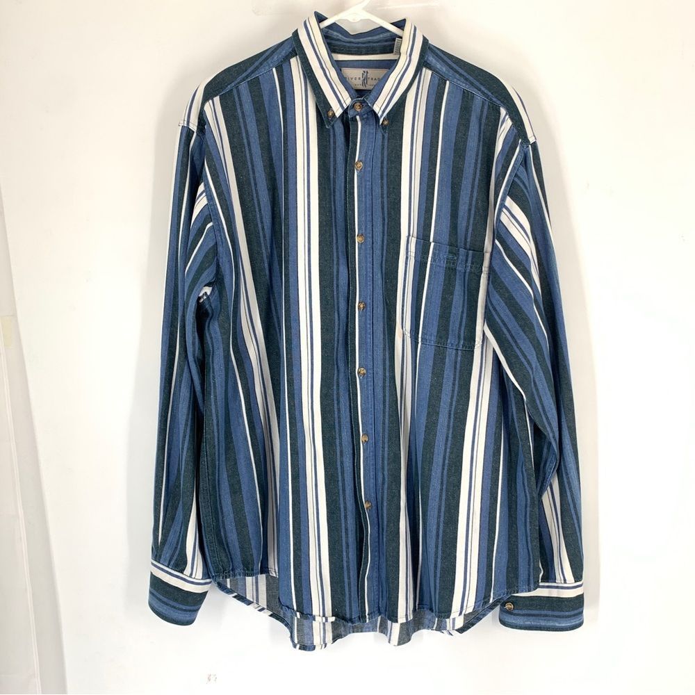 River Trader Mens Large Button Down L/S Blue, Ivory and Green Striped Shirt